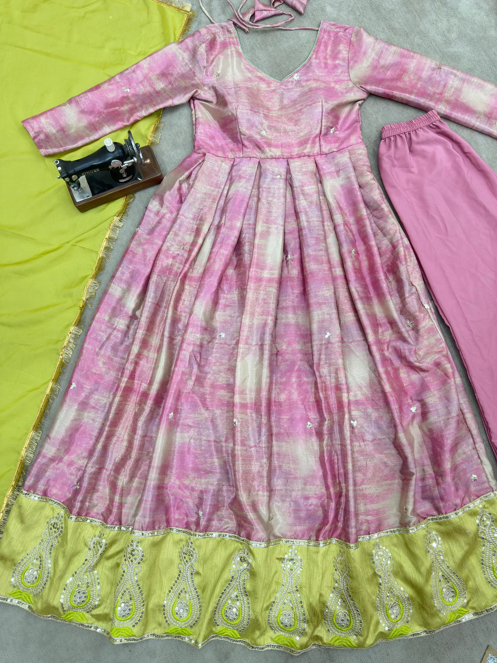 Dvd 5097 Chinon Silk  With Digital Print With Embroidery Gown Exporters In India